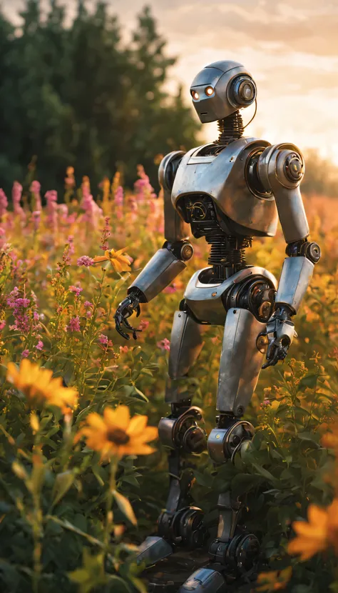 Robotic Soul: A solitary robot sits amidst a field of wildflowers, its metallic limbs bathed in the warm glow of the setting sun. Render the scene in a RAW, high-quality masterpiece, capturing the delicate details of the robots construction, the gentle bea...