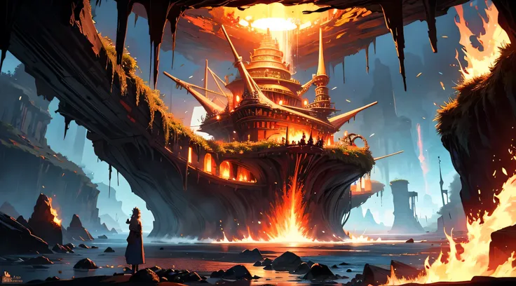 high high quality, 64K Ultra HD, high detal, Red Lava Pirates Expedition, Experience stunning 64K photorealistic wallpapers, A majestic pirate ship sets sail atop the fiery crimson lava of the underground kingdom, Sunny under white clouds，The boat sparkles...