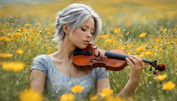 Serene Symphony: A lone violinist, eyes closed in deep concentration, plays amidst a field of wildflowers. Render a RAW portrait masterpiece showcasing the delicate details of their instrument, the gentle breeze tousling their silver hair, and the vibrant ...