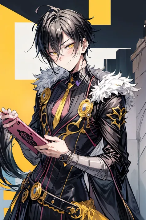 (flat color:1.1),(masterpiece:1.2), best quality, masterpiece, original,short black spiked hair, yellow eyes and accents, (mature handsome anime man looking at the camera with a smile and blush:1.2), CEO, holding phone camera