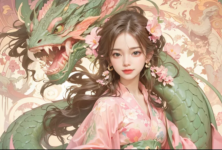 (best quality photo of an ultra beautiful girl wearing a see-through pink kimono with a dragon in perfect geometrical harmony:1.3), (Alfons Mucha’s artwork:1.4 )(Fractal Art, colorfull, florals, artistic fantasy art, vivid colors:1.2), (An extremely delica...