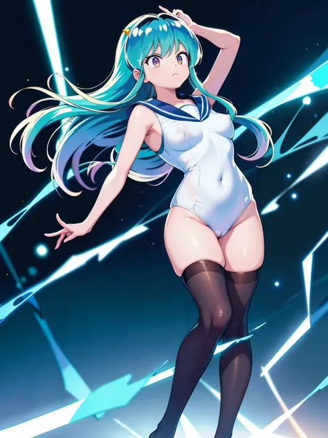 (1girl in),(High quality), (hight resolution), (Highly detailed), (in 8K),(lower body shot),Ram from Urusei Yatsura is wearing a transparent sailor swimsuit at school.),(Wearing black pantyhose)No shoes,Perfect Lighting,(Beautifully erect nipple shape:1.1)...