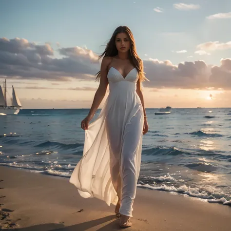 a beautiful girl dressed a white gown with a long hair is walking on the beach. in the background of the image, the attractive sunset is supported and realistic. some boats are in the sea. super detailing and 8K resolution.