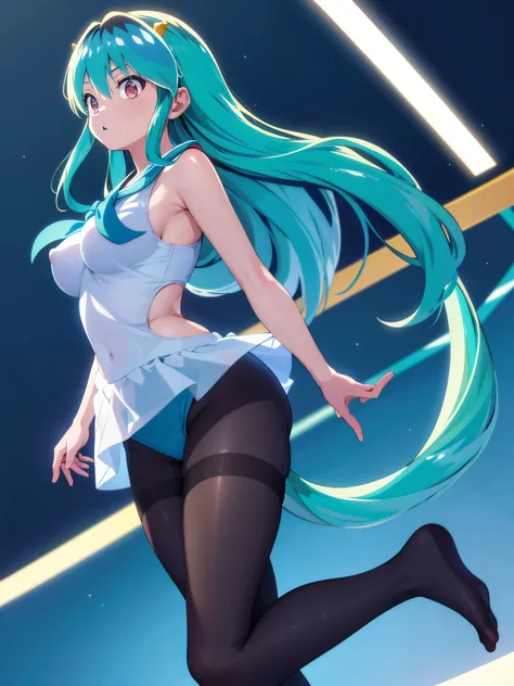 (1girl in),(High quality), (hight resolution), (Highly detailed), (in 8K),(lower body shot),Ram from Urusei Yatsura is wearing a transparent sailor swimsuit at school.),(Wearing black pantyhose)No shoes,Perfect Lighting,(Beautifully erect nipple shape:1.1)...