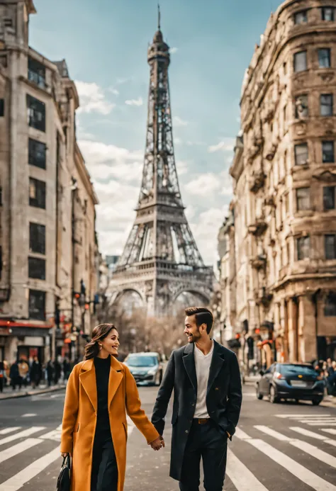 A vibrant cityscape with iconic landmarks in the background. The couple walks through the city streets, exploring urban landscapes hand in hand. The hustle and bustle of the city contrast with the intimacy of the couple, emphasizing the idea that love is a...