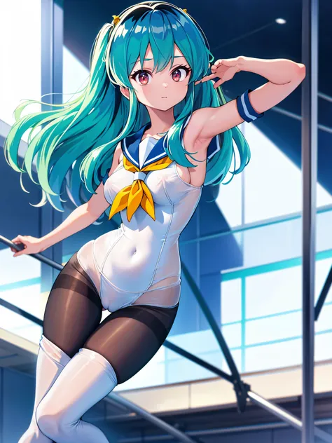 (1girl in),(High quality), (hight resolution), (Highly detailed), (in 8K),(lower body shot),Ram from Urusei Yatsura is wearing a transparent sailor swimsuit at school.),(Wearing black pantyhose)No shoes,Perfect Lighting,(Beautifully erect nipple shape:1.1)...