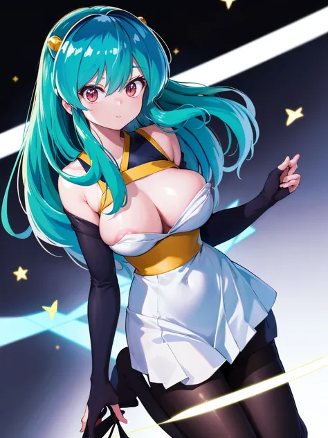 (1girl in),(High quality), (hight resolution), (Highly detailed), (in 8K),(lower body shot),Ram from Urusei Yatsura is wearing a Japanese dress.),(Wearing black pantyhose)No shoes,Perfect Lighting,(Beautifully erect nipple shape:1.1),hight resolutionの美しい目,...