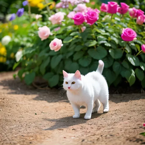 The cat walks in the flower garden, in the garden there are pink roses.