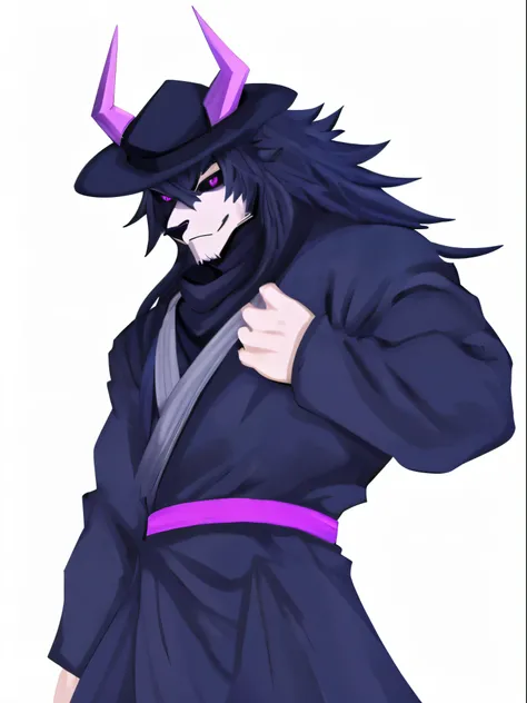 purple hell mountain , empty wolf skull, black samurai hat,black samurai costume , long hair samurai, black scarf,handsome , White background ,Cool Poses , Black body , half body portrait, Black and white eyes, purple eyes