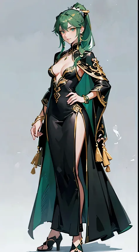 ((masterpiece,best quality,8k,highres)),((character concept art)), 1 female, middle-age woman, empress, 175cm height, straight hair, ponytail, (hunter green hair colour), ultra finely detailed eyes (yelloq eyes colour), extraordinary charming, gorgeous, (g...