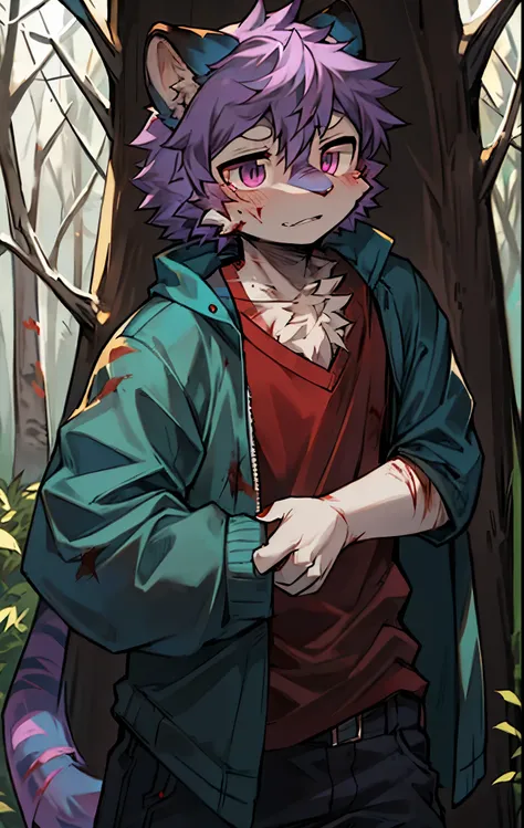 shaggy，shaggy的，身体shaggy的，Wear blue clothes and pants，独奏，Blue fur，Purple stripes，Purple colored hair，a tiger，male people，purpleeyes，Non-human、Covered in scars、Leaning against a tree in the forest、blood stain、The expression is cold、Scarred、浑身blood stain、natt...