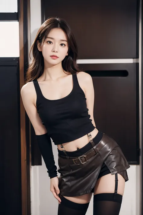 Brown hair、watching at viewers　　suspenders　　　Bulging big breasts　　 　 　　　　Black miniskirt　garterbelts　knee high socks　　　　　　Gaze　　　Small face　bangss 　　　　　Beautuful Women　　hands up　　 　Gaze 　Black boots 　provocation　　Armpit sweat　soio 　　Fold your hands behind ...