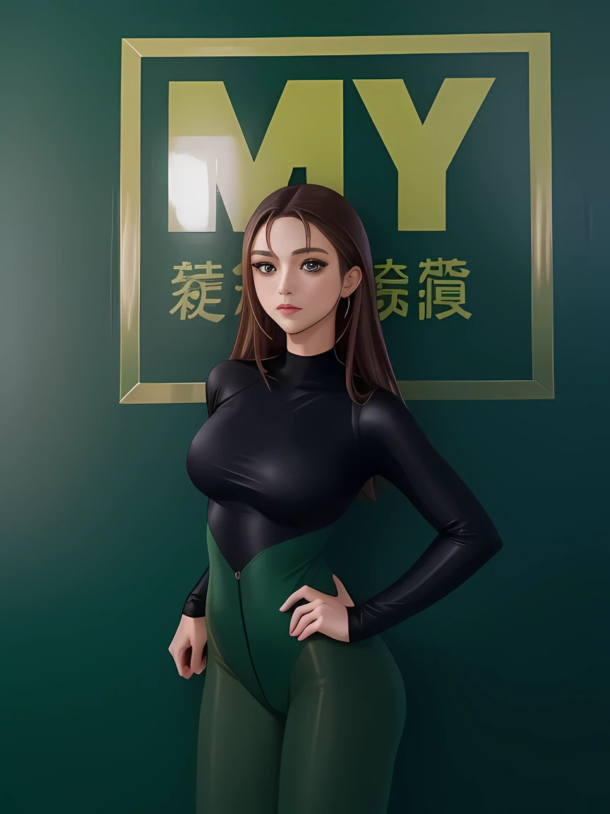 woman in a black top and green leggings stands in front of a green wall,  portrait of a dancer, mid shot portrait, centre image, Dramatic serious pose, distorted pose, the anime, hentai, manga, young girl body, cartoony, brown hair, Best Quality, young gir...