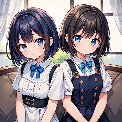 A cute illustration of a girl with short cut hair and a girl with long hair side by side