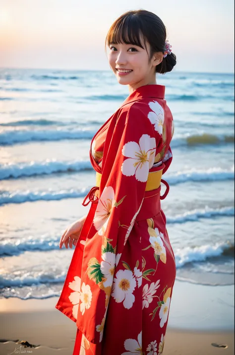 girl standing beach,sunrise,happy new year,long-sleeved floral red kimono,hair accessories,18-year-old,bangs,a little smile,legs,short cut hair,low ponytail,from below,frontlighting