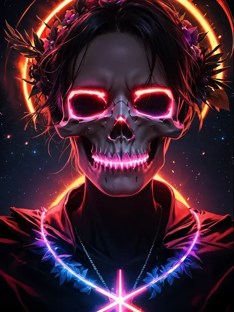 pixelated style,(glowing red,cross-shaped glow,blooming flowers)),interstellar misty background,polished,silver skull,light comp...