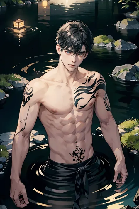 1boy, perfect male body, blac hair, (tattoo:1.2), Upper body naked, mid night, Japanese garden, dark ilumination, hightquality, 8K,frown,half body in water