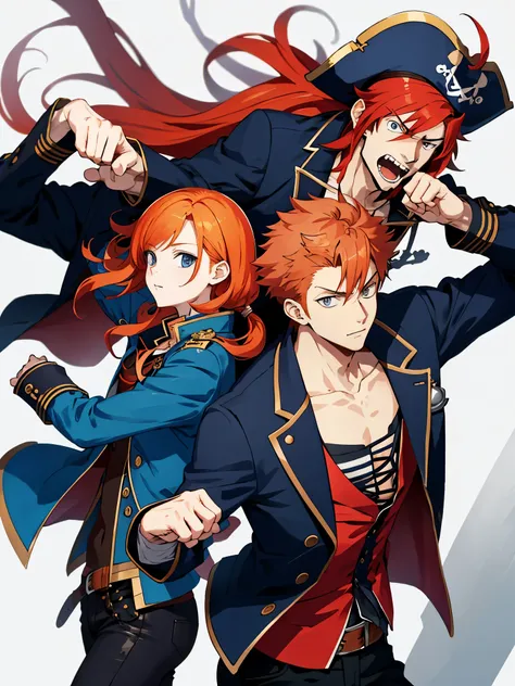 anime guy with ginger hair, pirate, navy blue jacket