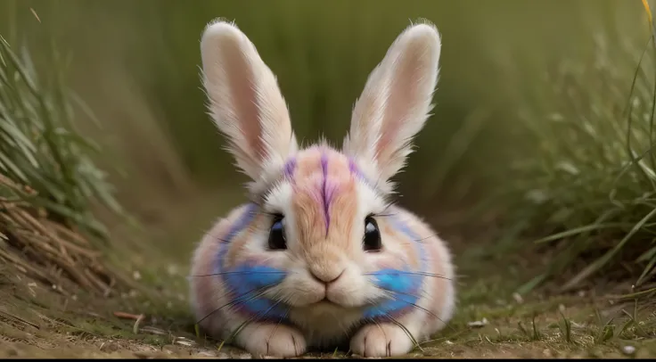 (best quality:1.2, highres:1.2), ultra-detailed, realistic:1.37, cute, colorful, beautiful, various colored, puffy rabbit, hiding in the long grass, vibrant colors, soft lighting, playful vibe, detailed fur, detailed eyes, furry paws, realistic textures, f...