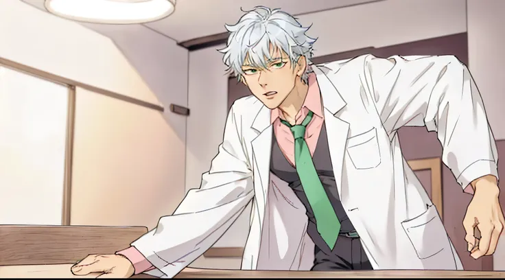silver-haired guy talking to the viewer loudly, his hands placed on a table, he is leaning forward as he speaks to the viewer loudly, his mouth open as he speaks, he is wearing a white lab coat, black pants and pink shirt with a green tie, he is looking fo...