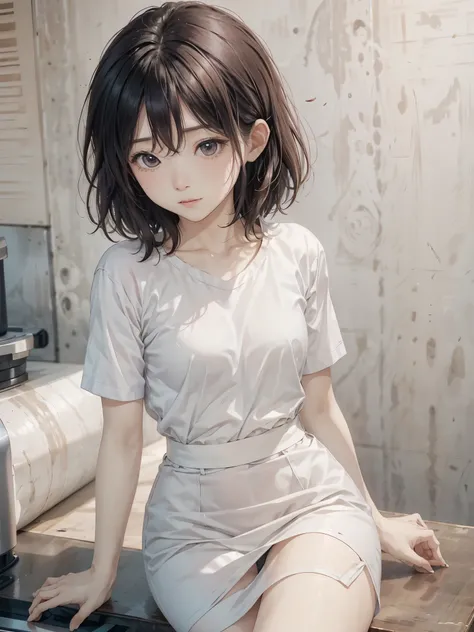 可爱s女孩 . Very kawaii , with a round face . 独自s , 苗条s , medium , small stature . 有光泽s皮肤 . Plain white T-shirt . dynamic angle . nothing background , white backgrounid , looking at viewert, 较暗s阴影, (((荒谬s))), (((Chopping))), (((s))), ((()))