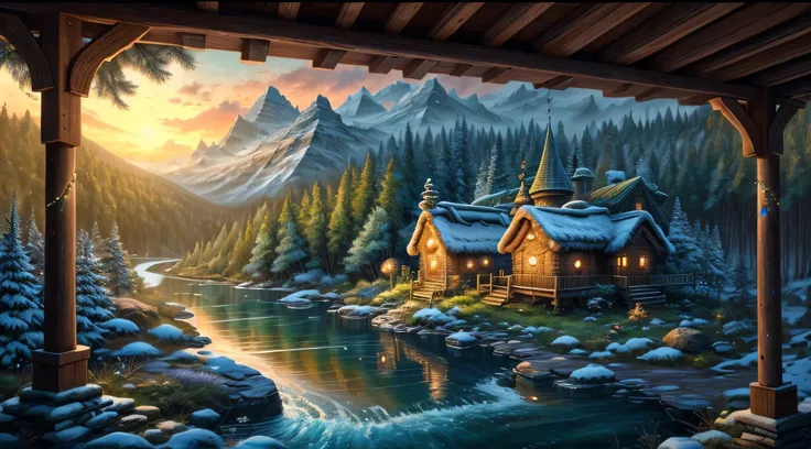 photo realism. hiquality. high detail. 16k. Ultra HD. Fantasy landscape illustration, depicting a walk through a charming forest, winter. New Year holidays. Decorated Christmas tree. Garland. ancient hut, located in a pine forest, winding river with pier a...