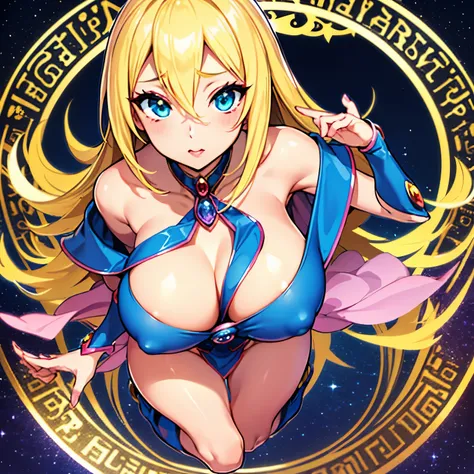 masterpiece, best quality), intricate details 1girl, dark magician girl, long hair, blonde hair, jewelry, makeup, huge breasts, ero full body, magical girl, cute face, inoccent face