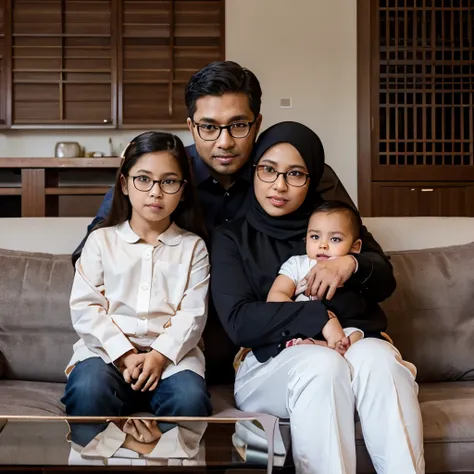 Photoshoot family, wife age 36 wearing beautiful hijab with spectacle (malay skin), husband age 40 wearing smart casual with spectacle, 2 daughter wearing smart shirt age of 3 and 6, background of main sofa area at luxury home, wide angle