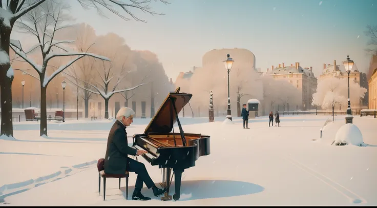 Solo Pianist in a Snowy Parisian Park: Illustrate a solitary pianist, an adult man with silver hair in a tailored coat, playing a grand piano under the snow-covered trees of Parc Monceau in Paris. The park, adorned with vintage street lamps and wrought-iro...