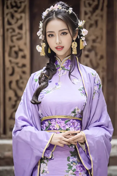 (Best quality at best,A high resolution),(actual),(sporty attire),(beautidful eyes,beautiful detailed lips,Extremely detailed face),(((Lilac ancient Chinese costume))),(External,Lush greenery,flowers blooming),,(Stylish and fashionable clothes),(elongated)...