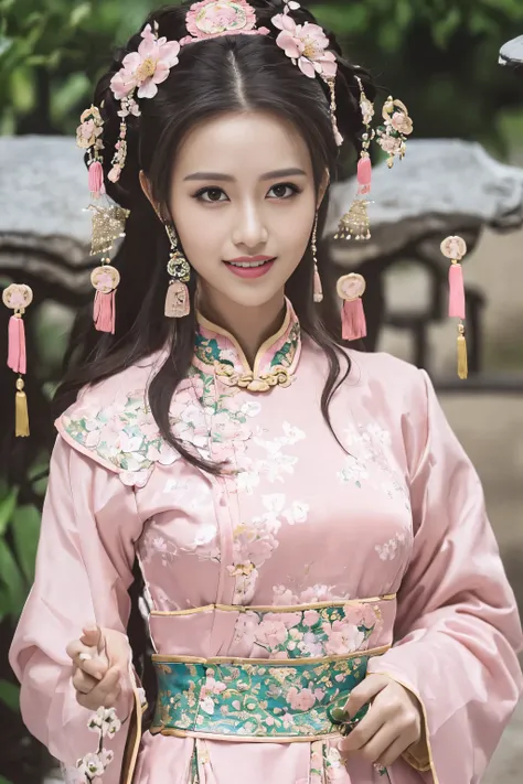 (Best quality at best,A high resolution),(actual),(sporty attire),(beautidful eyes,beautiful detailed lips,Extremely detailed face),(((Pink ancient Chinese costume))),(External,Lush greenery,flowers blooming),,(Stylish and fashionable clothes),(elongated),...