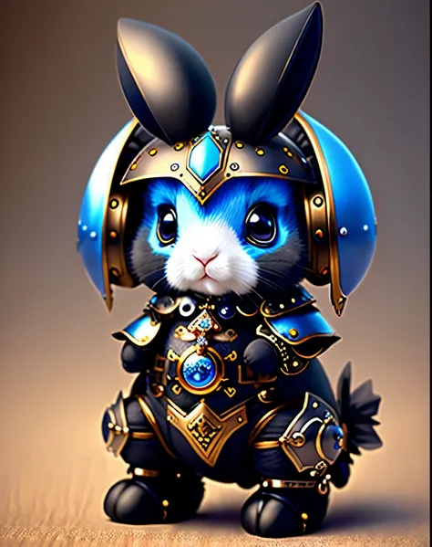 Cute bunny, shiny armor, style steampunk, ram-rabbit, 2 small broken ears, big blue eyes, black little ears, one black eye