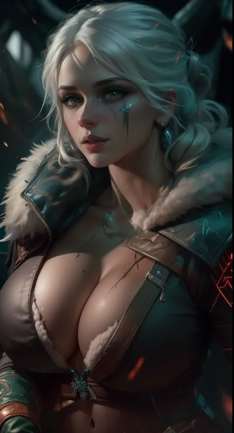 (masterpiece:1.3), (8k, photorealistic, RAW photo, best quality: 1.4), (1girl), (((Ciri from Witcher 3 with massive breasts))), overflowing cleavage, buttons straining, breast expansion,beautiful face, (realistic face), beautiful white hair, realistic red ...