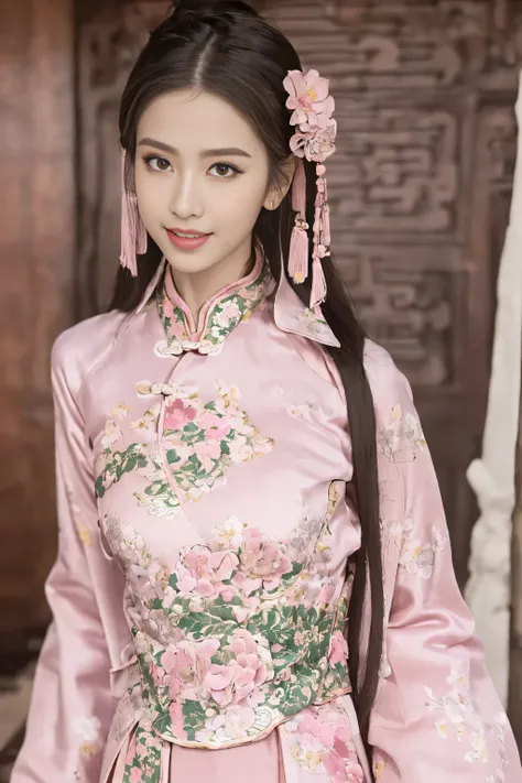 (Best quality at best,A high resolution),(actual),(sporty attire),(beautidful eyes,beautiful detailed lips,Extremely detailed face),(((Pink ancient Chinese costume))),(External,Lush greenery,flowers blooming),,(Stylish and fashionable clothes),(elongated),...