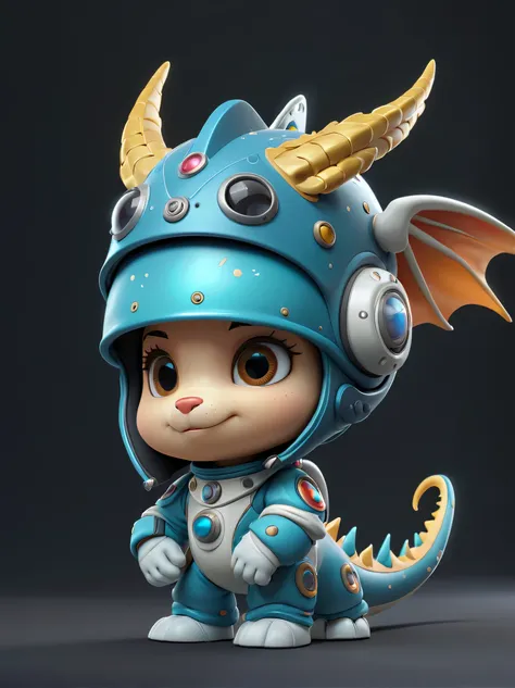 There is a small zodiac dragon with a helmet and helmet，Cute 3d rendering，little astronaut looking up，Portrait space cadet zodiac dragon，Cute 3d rendering of cartoon zodiac dragon，Cute and detailed digital art，Zodiac Dragon Explorer Mini Cute Zodiac Dragon...