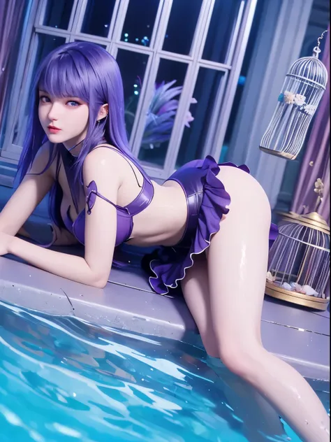 25-year-old Korean girl，1 Sister，girl on top， dive， I have a perfect face， eBlue eyes， income，  dive，under the water深处，under the water，breaking，ton de asur，(((Fish cage as a whole, Purple colored hair,delicate high heels，smooth thigh，Exquisite facial featu...