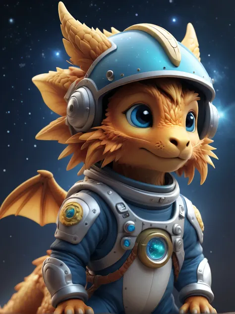 There is a small zodiac dragon with a helmet，Cute 3d rendering，little astronaut looking up，shaggy，Portrait space cadet zodiac dragon，Cute 3d rendering of cartoon zodiac dragon，Cute and detailed digital art，Zodiac Dragon Explorer Mini Cute Zodiac Dragon，sty...