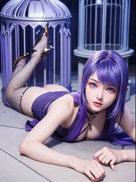 25-year-old Korean girl，1 Sister，girl on top， dive， I have a perfect face， eBlue eyes， income，  dive，under the water深处，under the water，breaking，ton de asur，(((Fish cage as a whole, Purple colored hair,delicate high heels，smooth thigh，Exquisite facial featu...