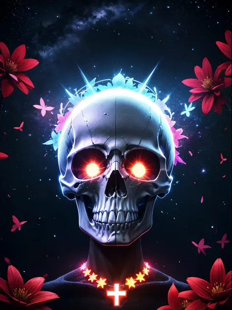 pixelated style,(glowing red,cross-shaped glow,blooming flowers)),interstellar misty background,polished,((silver skull)),light composition,rainbow,rainbow around the skull,vibrant,various structural power effect illustrations,glorious circular composition...