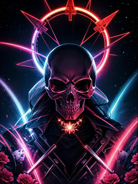 pixelated style,(glowing red,cross-shaped glow,blooming flowers)),interstellar misty background,polished,((silver skull)),light composition,rainbow,rainbow around the skull,vibrant,various structural power effect illustrations,glorious circular composition...