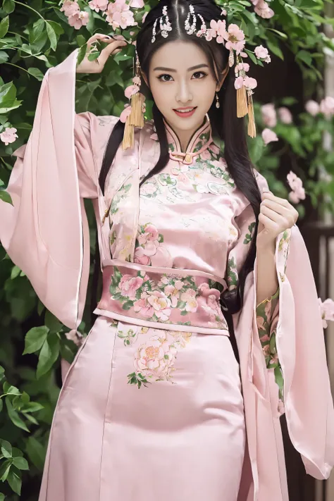 (Best quality at best,A high resolution),(actual),(sporty attire),(beautidful eyes,beautiful detailed lips,Extremely detailed face),(((Pink ancient Chinese costume)))，(External，Lush greenery，flowers blooming)，,(Stylish and fashionable clothes),(elongated),...