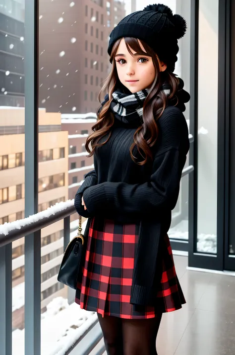 {there is a young girl out on a balcony of a new york highrise in the middle of winter. she is beautiful, and attractive. she is...