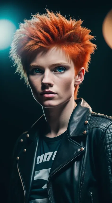 A punk GINGER GIRL WITH BLUE EYES with spiky hair and a leather jacket, playing drums, low angle shot, hyper realistic, extremely detailed, Volumetric lighting, detailed 64K, Sony A7S Ill, f/ 8.0, 1/200. sharp-focus, detailed 64K megapixel. pale colors, cr...