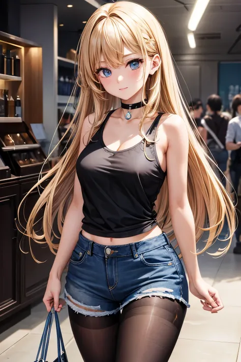 masterpiece, Highest quality, beautiful, high resolution, perfect anatomy, Beautiful bright flaxen hair、Beautiful eyes、Longhaire、Tank tops、denim shortpants、a choker、 black pantyhose, brown jacket, selfie style、selfee、piece、piece sign、 8K、a beauty girl、 Nic...