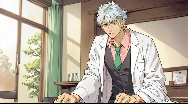 front view of a silver-haired guy talking to the viewer loudly, his hands placed on a table, he is leaning forward as he speaks to the viewer loudly, his mouth open as he speaks, he is wearing a white lab coat, black pants and pink shirt with a green tie, ...