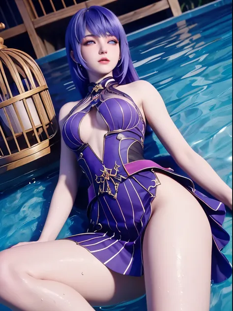 25-year-old Korean girl，1 Sister，girl on top， dive， I have a perfect face， eBlue eyes， income，  dive，under the water深处，under the water，breaking，ton de asur，(((Fish cage as a whole, Purple colored hair,delicate high heels，smooth thigh，Exquisite facial featu...