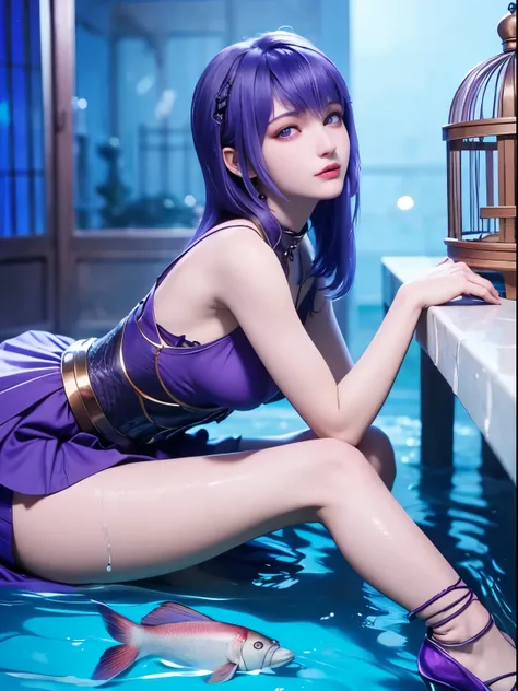 25-year-old Korean girl，1 Sister，girl on top， dive， I have a perfect face， eBlue eyes， income，  dive，Under water深处，Under water，breaking，ton de asur，(((Fish cage as a whole, Purple colored hair,delicate high heels，smooth thigh，Exquisite facial features and ...