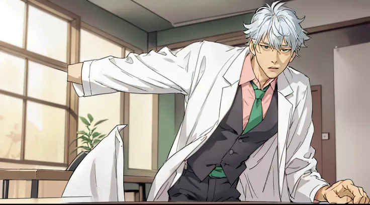 front view of a silver-haired guy talking to the viewer loudly, his hands placed on a table, he is leaning forward as he speaks to the viewer loudly, his mouth open as he speaks, he is wearing a white lab coat, black pants and pink shirt with a green tie, ...