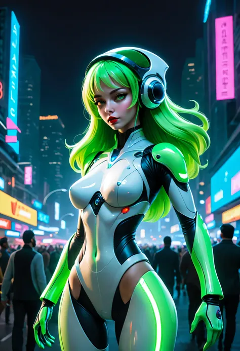 (a) sexy green alien woman, (shiny, sexy) space suit, gathering up a crowd of men, UfOs in the sky overhead. (best quality, 4k, highres:1.2), ultra-detailed, (realistic:1.37), vivid colors, sharp focus, studio lighting. alien, woman, green skin, seductive ...