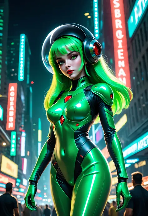 (a) sexy green alien woman, (shiny, sexy) space suit, gathering up a crowd of men, ufos in the sky overhead. (best quality, 4k, ...